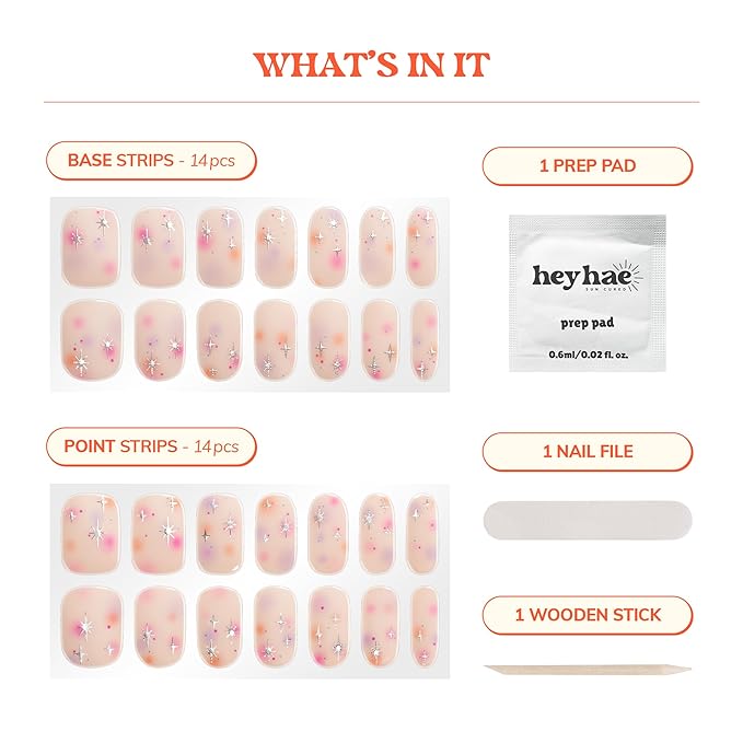 Heyhae Semi Cured Gel Nail Strips | No LED Lamp Needed | Summer, Aura, Pink | Easy Apply & Remove, Salon Quality |Includes 28 Strips, 1 Prep Pads,Nail File&Wooden stick-Hey, Shining Just for Me?