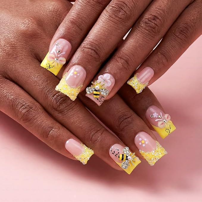 10 Pieces Luxury Acrylic Press On Nails Short Handmade Duck Nails, Butter Yellow Thickened False French Nails, Sugar Crystal Rhinestones, Floral Bee Charms, Reusable Acrylic Nails (L)