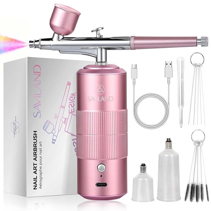 SAVILAND 30 PSI Airbrush Kit: 3X Instant Atomization Airbrush for Nails Limitless Nail Art Creativity Salon-Perfect Results Three-Mode 0.3S Instant Color Airbrush for Ombre French Paint Set
