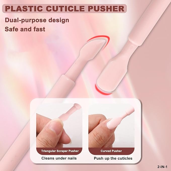 Classic 3Pcs Manicure Set, Gentle Plastic Pusher, Double-ended Cuticle Fork, Sandpaper File, At-Home Mani Essential, Pink