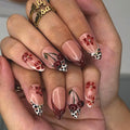 Red Flower Press on Nails Medium Almond MABKJLF Fake Nails 3D Red False Nails with Cherry Leopard Print Hibiscus Designs Fall Glossy Glue on Nail Acrylic Nails for Women Girls 24Pcs