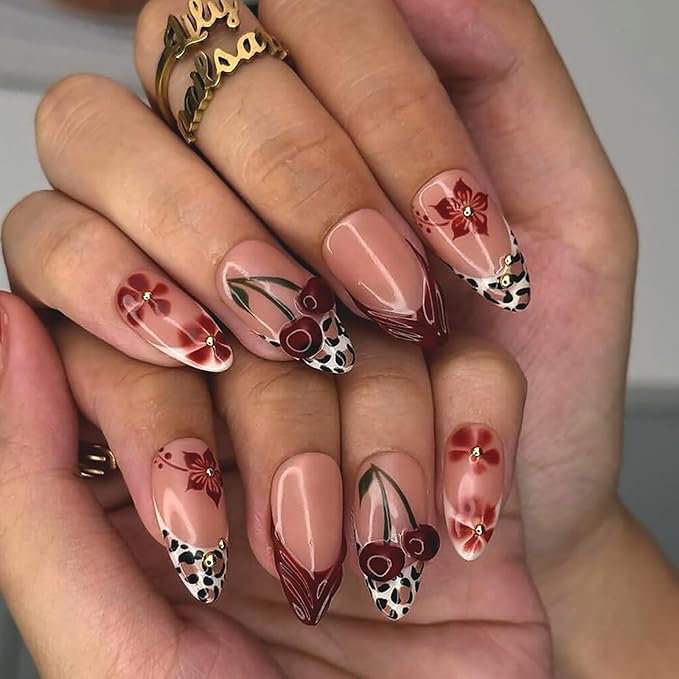 Red Flower Press on Nails Medium Almond MABKJLF Fake Nails 3D Red False Nails with Cherry Leopard Print Hibiscus Designs Fall Glossy Glue on Nail Acrylic Nails for Women Girls 24Pcs