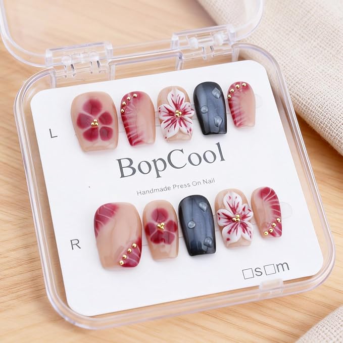 Handmade Press on Nails ，Medium Coffin Nails - 10PCS Glossy short Coffee False Nails with 3D Flower Metallic Embellishments | Reusable Acrylic Nail Set | Salon Quality Nail Art Kit.(S-10PCS)