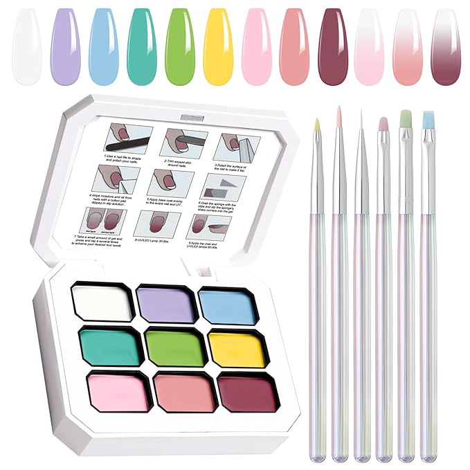 Gradient Gel Nail Set, 9 Bright Colors Ombre Gel Nail Polish with 6 Aurora Multi-Purpose Brushes for Pigment Pat Nails French Manicure Nail DIY Painting Soak Off UV G Bloom Summer