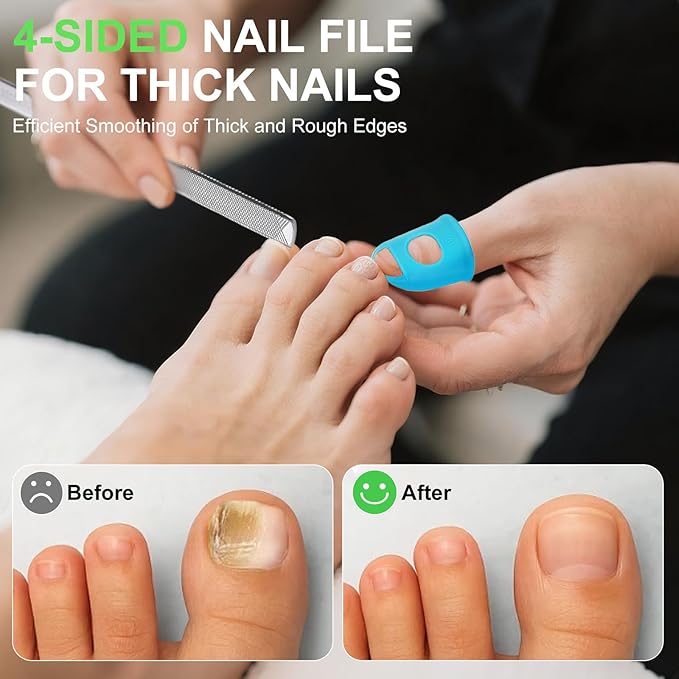 Metal Nail File, Toenail File with Fingertip Protectors and Dual-Ended Toenail Lifter, Double Sided and Files Nails Easily for Seniors, Men & Women Pedicure Tool