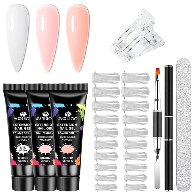Poly Extension Gel Nail Kit, White Nude Pink Builder Enhancement Nail Gel with Dual-Ended Brush, Nail Dual Forms for Polygel Nail Art Salon DIY at Home Beginner Kit