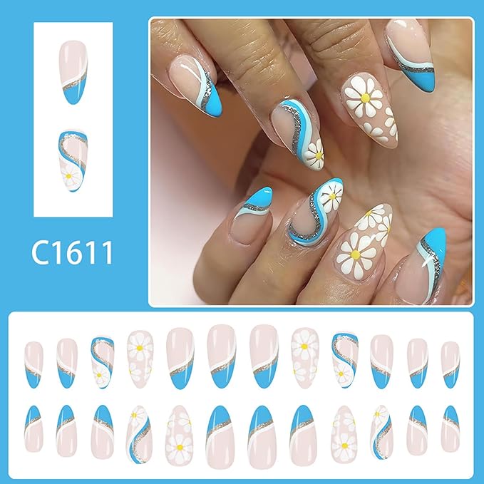 White Daisy Press on Nails Medium Almond Fake Nails with Glitter Blue Stripe Designs Blue French Tip False Nail Spring Summer Flowers Stick on Nail for Women 24Pcs