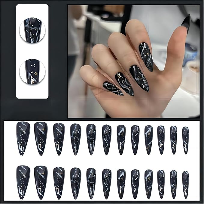 Black Marble Nails Press Ons Long Alomnd Tip Press on Nails Black Marble Design Fake Nails Full Cover Gel False Nails Kit for Womens 24pcs