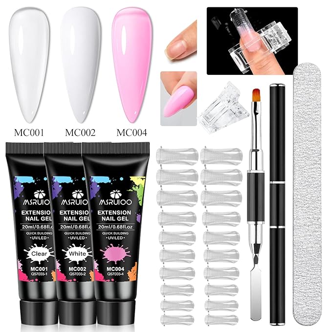 Poly Extension Gel Nail Kit, Clear White Pink Builder Nail Starter Kit with Dual Nail Forms, Nail Clips for Poly Gel, Home Manicure Set