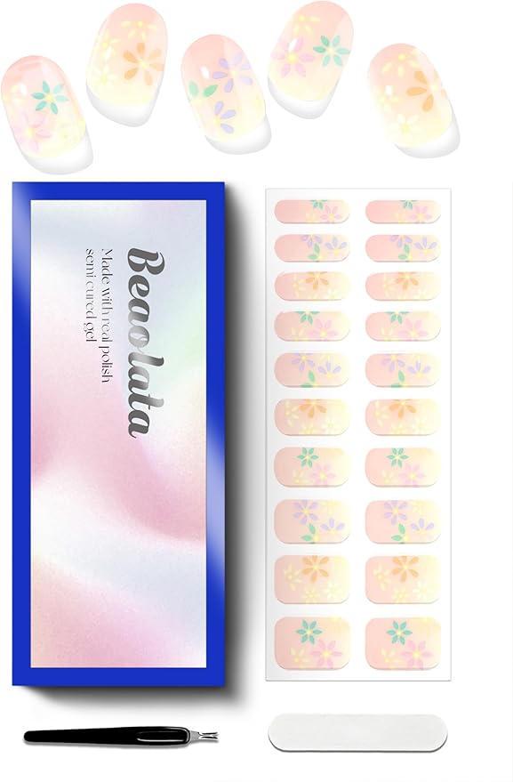 Semi Cured Gel Nail Strips - UV Light Gel Nail Stickers - 20 Long Lasting Salon Quality Wraps (Blossom Nude)