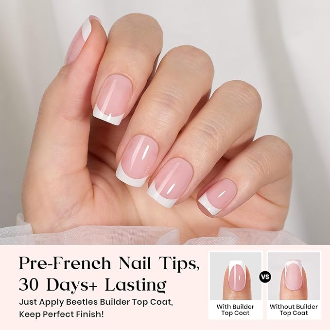 Beetles X Press Plus Gel Nails Kit - Peach French | Pink Extra Short Square French Tip Press On Nails | 210Pcs 15 Sizes All-in-One Kit With Nail Glue,Remover,Builder Top Coat,Nail Lamp Gift For Women
