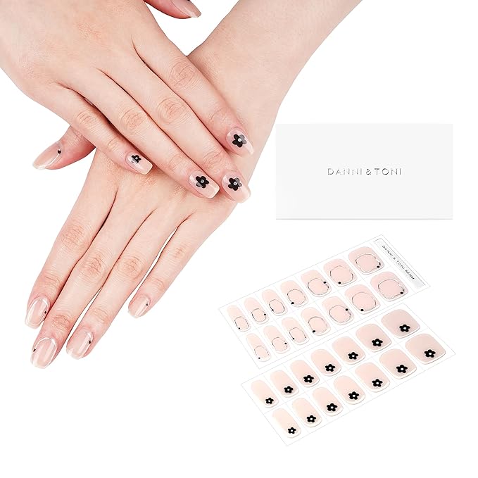 DANNI & TONI Semi Cured Gel Nail Strips Black Flowers (Floral Glint) Nude Gel Nail Wraps UV Nails 28 Stickers Gift for Women