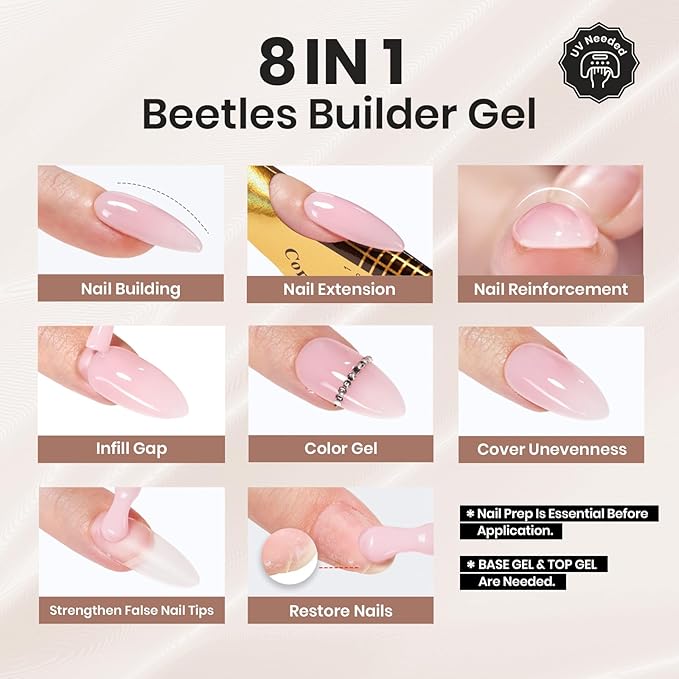 Beetles Builder Gel Set-Caramel Latte 6 Colors 8 in 1 Nail Thickening Strengthening Building Apex for Beginner DIY Salon at Home,Brown Nude Winter Builder Nail Gel UV & LED Lamp Needed