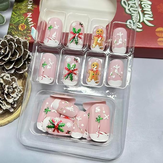 Christmas Press on Nails Short Oval Fake Nails with Snowflake Holly Gingerbread Man Designs White French Tip Xmas False Nail Winter Glossy Stick on Nail for Women 24 Pcs