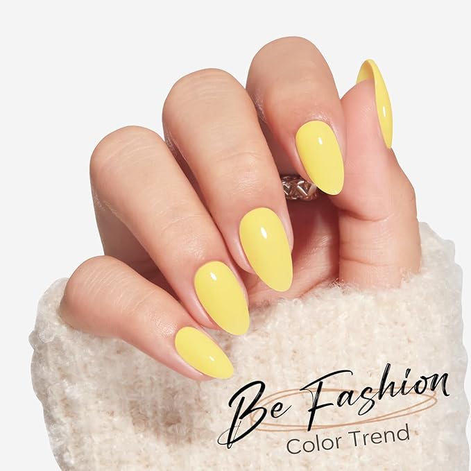 Modelones Yellow Press on Nails Almond, Easter Spring Neon Short Fake Nails, Reusable Nail Kit with Nail Glue Adhesive Tabs Mini Nail File, Nails Press Ons 32Pcs 16 Sizes, Women Girl Gift ﻿