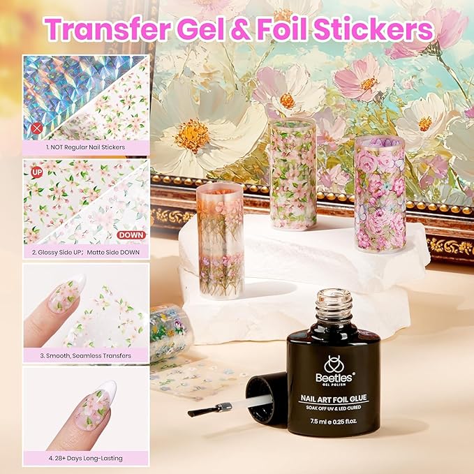 beetles Gel Polish Kit - 36 colors Pastel Polish Blue Green Glitter Nail Polish with Nail Art Foil Glue Base Coat Glossy Top Coat Impressionist Garden Soak off Uv Gel Manicure Kit Gifts
