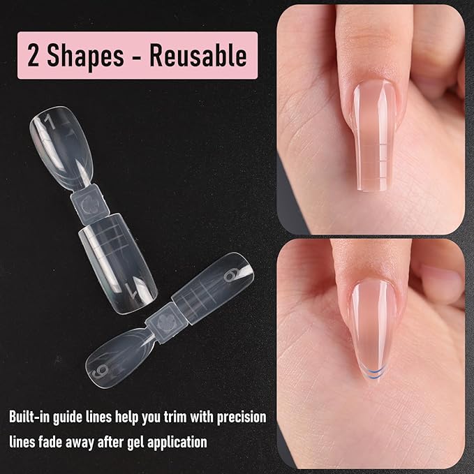 Dual-ended Short Nail Mold Kit, Square & Almond Shape, Embeddable Ultra-Thin Seamless Measured Nail Forms with Gel Scoop, 15 Sizes 75Pcs
