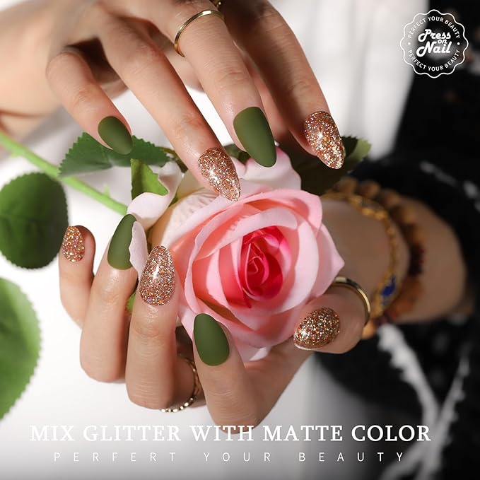 Teenitor 288pcs Short Almond Press on Nails for Women, 12 Sets of Short Fake Nails with Glue, Matte & Glitter Finish
