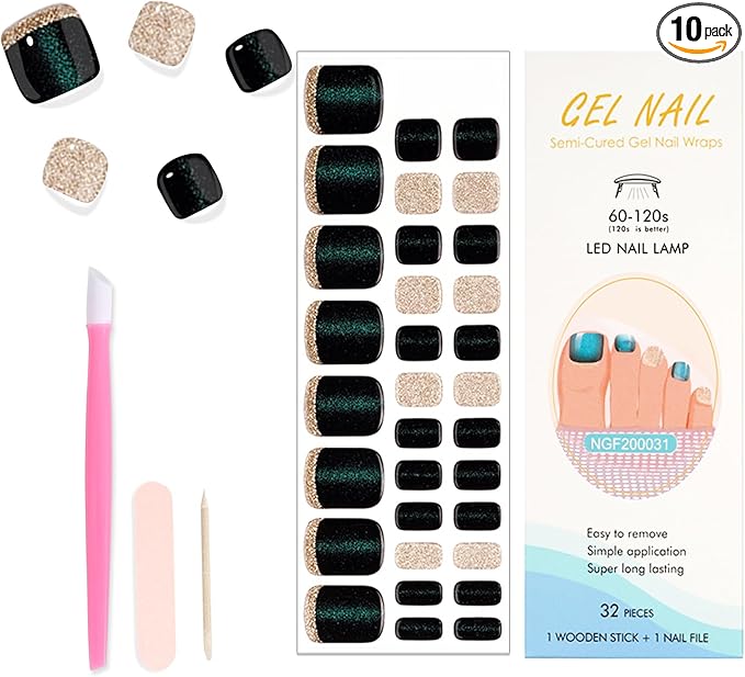WOKOTO Semi Cured Gel Nail Strips For Toenails, 16 SIZE 32 TIPS Black & Blue Cat Eye Design Toe Nail Polish Strips With Nail File & Wooden Stick, Works With Lamps, Salon-Quality, Long Lasting