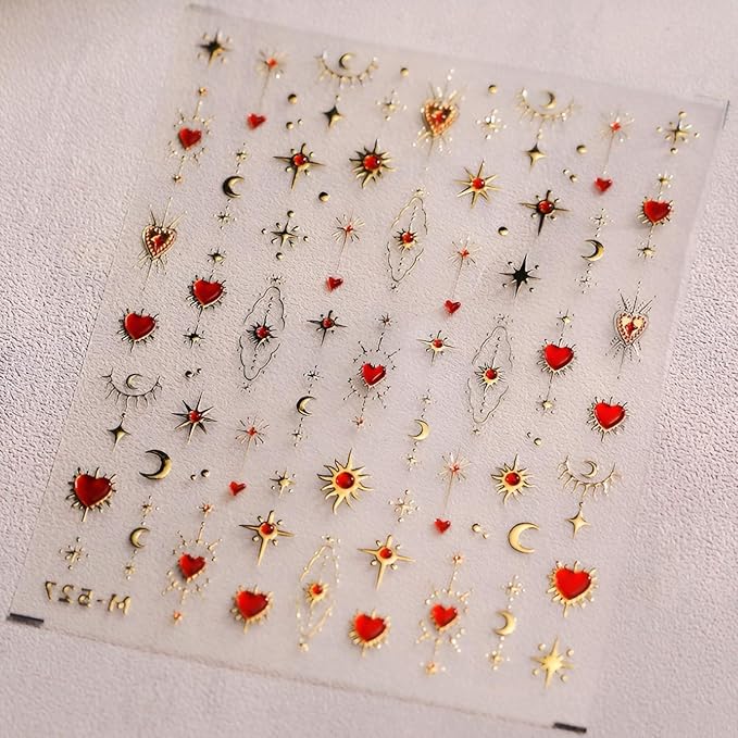 Valentines Nail Art Stickers Red Heart Nail Decals 5D Embossed Nail Supplies Gold Star Moon Nail Design for Women Holiday Nail Decorations Accessories