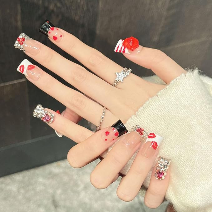 10 Pcs Valentine Duck Shaped Handmade Press on Nails Medium Fake Nails Lips Kiss Heart-Shaped Diamond Cute Romantic Valentine Full Cover Glue on Nails for Women