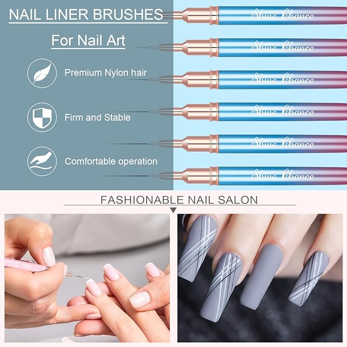 Shince Chance Nail Art Liner Brushes Set, 6Pcs Nail Art Design Brush Pen for Gel Polish Fine Drawing, Small Details Stripping Painting Nail Painting Pens, Acrylic Nail Art Design Tools, Blue