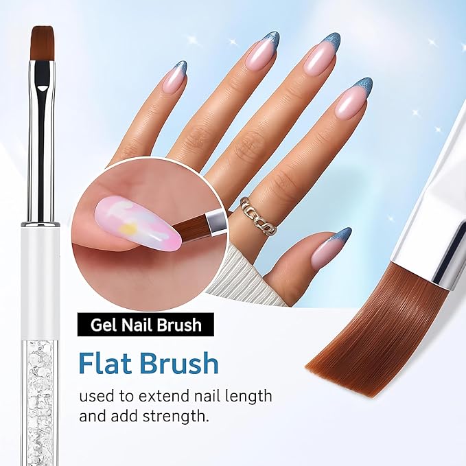 3Pcs Gel Nail Brush Set – Oval, Flat & Angled Tips, Rhinestone Handle Nail Art Design Brushes with Protective Caps, UV Gel Acrylic Builder Brush Kit for Manicure – Black, White, Gold