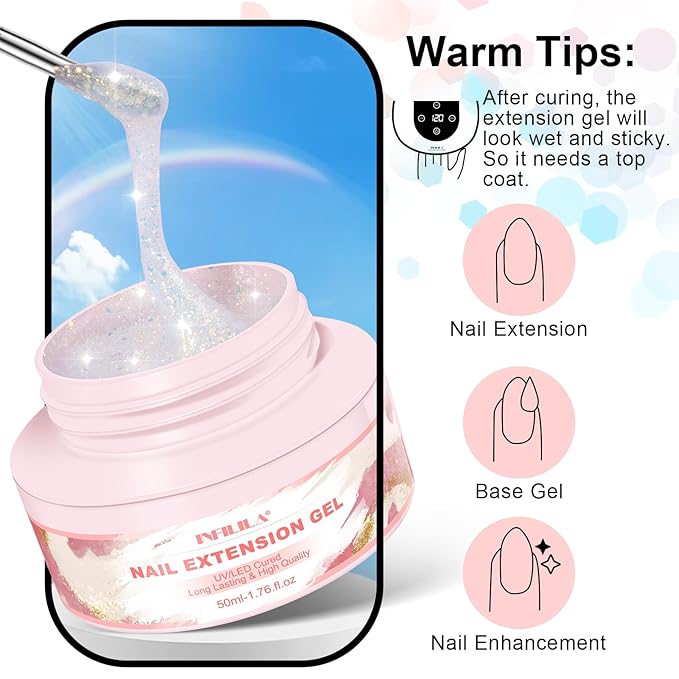 NXJ INFILILA Glitter Poly Nail Gel, Clear Poly Extension Gel Nail Enhancement, Thickening Glossy Builder Home DIY Salon Use for Girls UV/LED Nail Lamp Required P02