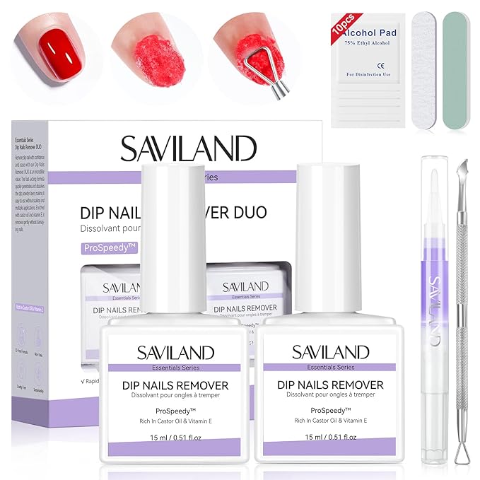 SAVILAND Essentials Dip Nail Remover Kit: 2Pcs Dip Powder Removal Gentle Easy Remove Dip Nails With Cuticle Oil Nail File Gel Remover No Soaking Wrapping Home Use 15ml