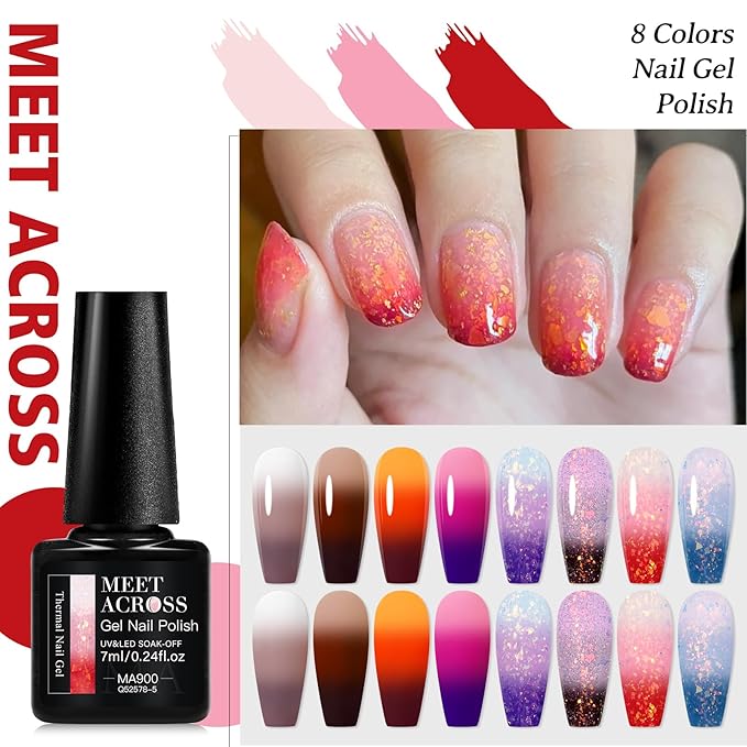 MEET ACROSS 8Pcs Color Changing Gel Nail Polish Set Nude Brown Amber Temperature Mood Changed Glitter Nail Polish Gel Polish DIY Salon Gift for Women