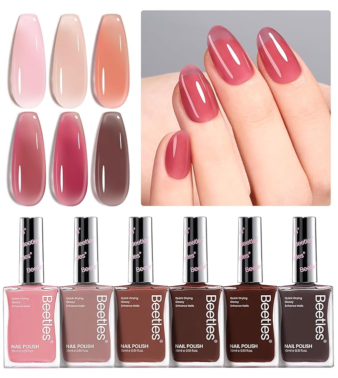 Beetles Jelly Nail Polish Set, 6 Colors Sheer Pink Nail Polish Long Lasting & Quick Dry Clear Jelly for Valentines Women, Pink Nail Strengthener Polish for Salon DIY Manicure Set