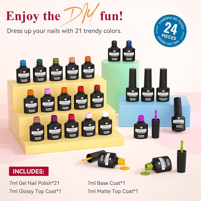 VANREESA 24 Pcs Gel Nail Polish Set, 21 Colors Christmas Gel Polish with Base Coat Glossy & Matte Top Coat Red Orange Yellow Green Blue Purple Gel Polish Kit Nail Kit Gifts for Women
