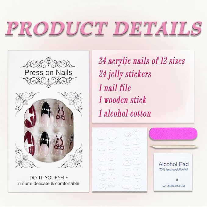 Press on Nails Long Almond MABKJLF French Tip Fake Nails False Nails with Stars Bow Leopard Print Zebra Print Pearls Designs Glossy Glue on Nail Full Cover Acrylic Nails for Women Girls 24Pcs