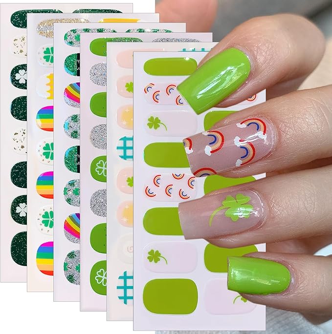 6 Sheets Glitter St. Patrick's Day Gel Nail Stickers Green Shamrock Nail Polish Stickers 3D Self-Adhesive Luck Clover Rainbow Nails Art Designs Irish Full Wraps Gel Nail Strips for Women Acrylic DIY