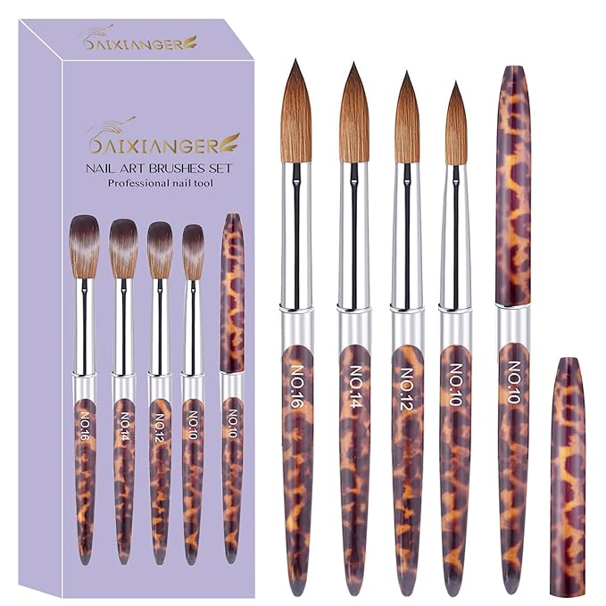 4PCS Professional Acrylic Nail Brush Set - Size 10/12/14/16 Brushes for Acrylic Powder Application, 3D Carving & Nail Art Extension, Leopard Print Handle Nail Tools for DIY Salon Manicure