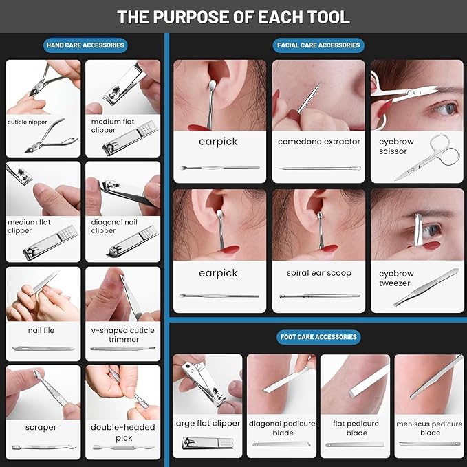 Manicure Pedicure Kit, Nail Clipper Tools Set Exra Thick Personal Care Women’s Grooming Kit Christmas Gifts for Men Husband Boyfriend Parent Nail Care Tools with Travel Case pack of 19