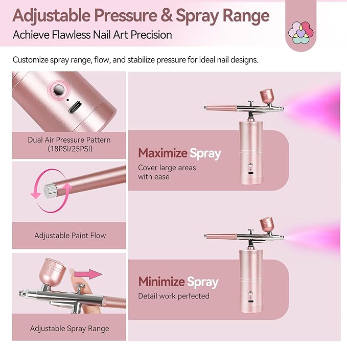 SAVILAND Salon-Grade Airbrush Kit: 25 PSI Super-Stable, Rechargeable Nail Art Machine with 0.3mm Nozzle & Dual Modes - Professional Tool for Gel Nails, Ombre & French Manicure at Home (Pink)