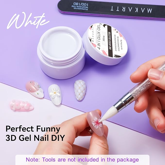 Makartt White 3d Gel Nail Art: 4-in-1 3d Nail Gel Sculpting Gels White Non-sticky for Extension, 15ML Solid Builder Nail Gel UV Glue for Acrylic Tips, Rhinestones & Sculpture Gels for Nails Salon Home
