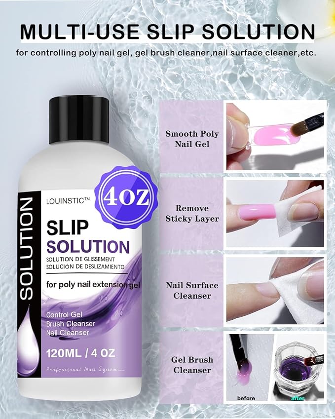 LOUINSTIC Poly Nail Gel Slip Solution - 120ml, 3 in 1 Nail Extension Anti-Stick Liquid, Art Brush Cleanser, for Poly Extension Gel Kit, with Dual-Ended Art Brush