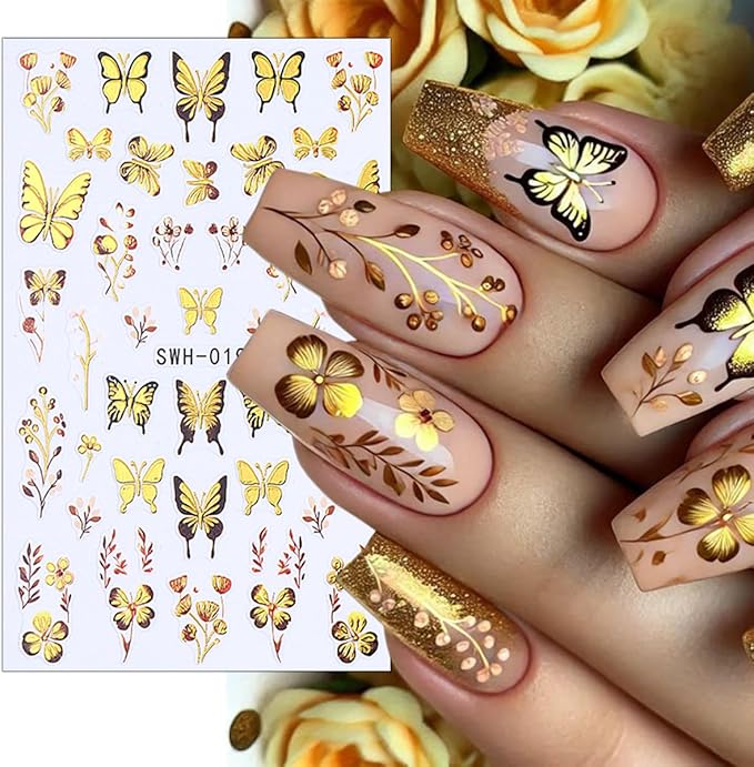 6 Sheets Butterfly Nail Decals for Nail Art Spring Flower Nail Stickers 3D Self-Adhesive Colorful Butterfly Nail Art Stickers Gold Floral Leaf Nail Decoration for Women Girls DIY Manicure Supplies