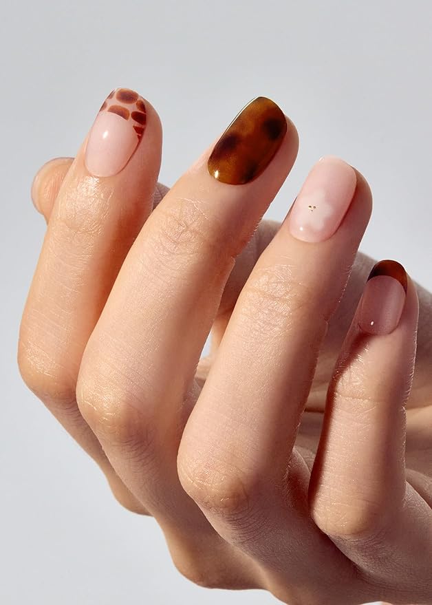 ohora Semi Cured Gel Nail Strips (N Tiki Tortoise) - Works with Any Lamps, Salon-Quality, Long Lasting, Easy to Apply & Remove - Includes 2 Prep Pads, Nail File & Wooden Stick
