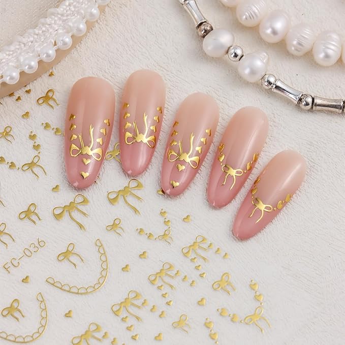 6Sheets Bow Nail Art Stickers Decals 3D Self Adhesive Cute Nail Decals Gold Silver Red Heart Bow Nail Supplies Design Valentines Nail Stickers French Tip Nail Decorations for Women DIY Manicure