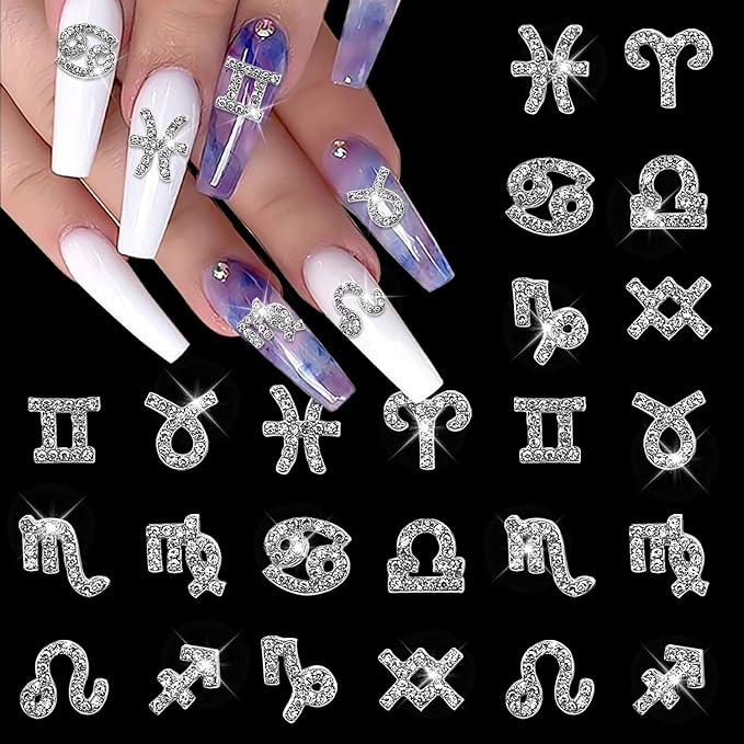 24 Pieces Silver Alloy Zodiac Nail Charms Zodiac Signs Nail Studs Twelve Constellation Nail Charms Inlaid Clear Rhinestone for Women Girls Nail Art Decoration