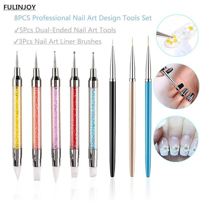 8pcs Nail Art Design Tools, 5PCS Dual-Ended Nail Art Sculpture Pen Dotting Tools with 3PCS Nail Liner Brushes, Silicone Nail Polish Brushes Stainless Steel Carving Drawing Tool