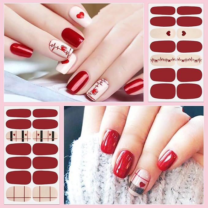 DANNEASY 16 Sheets Red Valentine's Day Nail Wraps, Polish Strips for Women, Self-Adhesive Gel Stickers for Nail Art With File, Cuticle Stick