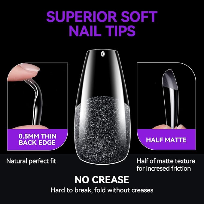 Gelike ec Medium Coffin Nail Tips: 240PCS Soft Gel Tips for Nail Extensions Coffin Shaped Full Cover Nail Tips Pre Etched - PMMA Resin Clear False Nails Press on Nails 10 Sizes, MEDIUM COFFIN