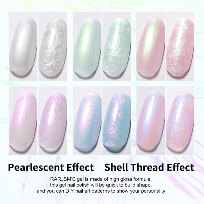 RARJSM Pearl Gel Nail Polish Set Clear Shell Glitter Gel Polish 6 Colors Pearlescent Pink White Blue Purple Silver Gold Shimmer Mermaid Swirl Thread Effect Soak Off Curing Requires Home Salon