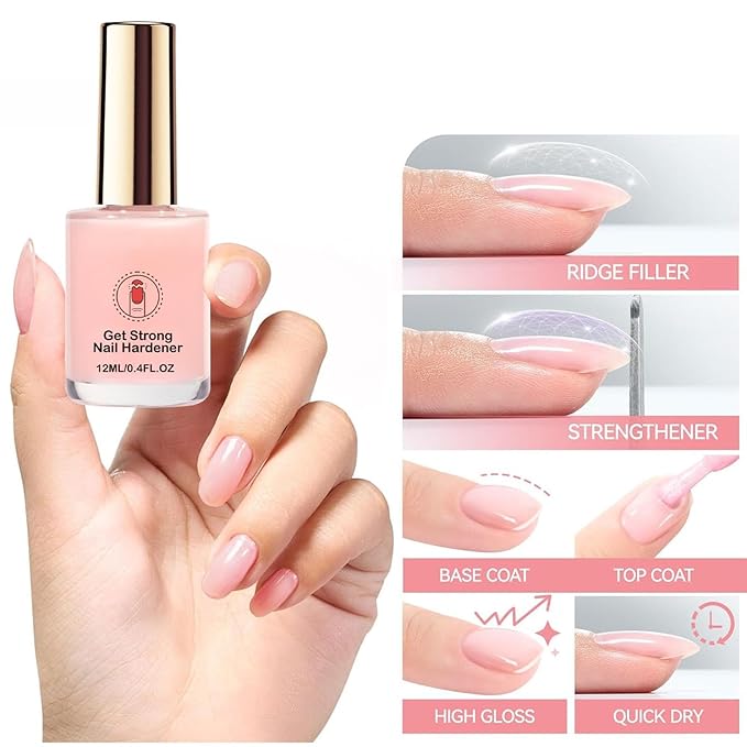 Nail Strengthener for Women, Pink Nail Hardener Extra Strong and Growth, Long-Lasting Quick Dry, Nail Strengthening Polish for Weak Brittle Splitting Damaged Nails, Enhanced Shine 12ML