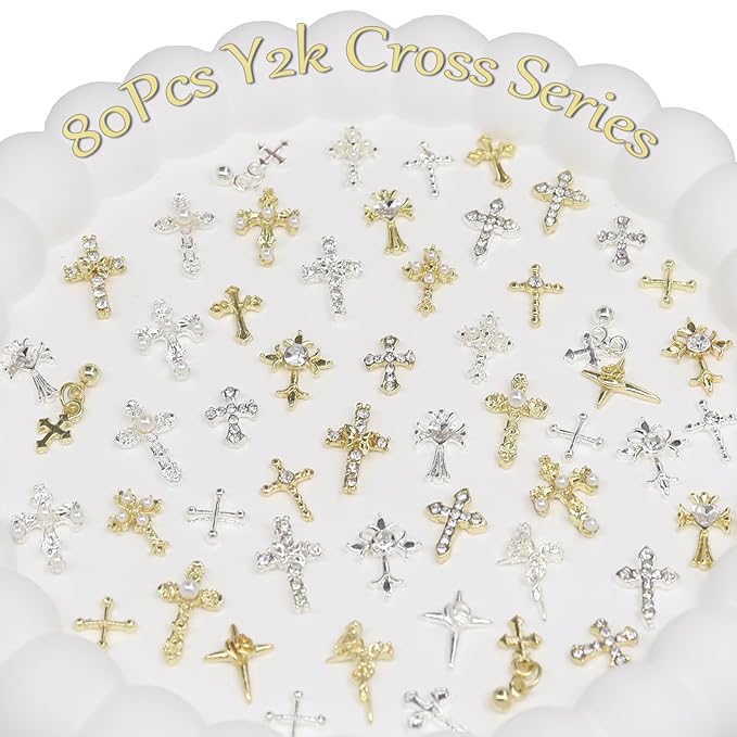 80Pcs Cross Nail Charms Gold Silver Y2k Nail Art Rhinestones Gems Shiny Nail Jewelry Acrylic Accessories for Women DIY Nail Decorations
