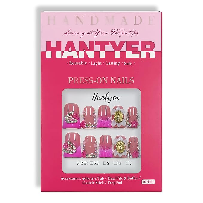10pcs Pink French Tips Press On Nails Sweet Style, Short Duckbill Nails with Rhinestones, Metal Decor & 3D Floral Embossing, Glossy Icy Finish, Reusable Fake Nails Easy to Apply (Size L)
